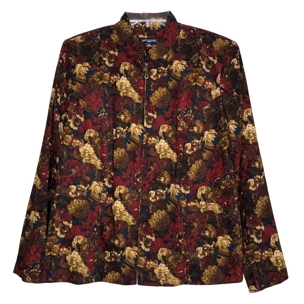 NOTATIONS PETITE Burgundy, Blue, Tan Floral Zip-Front Lightweight Jacket Size PS